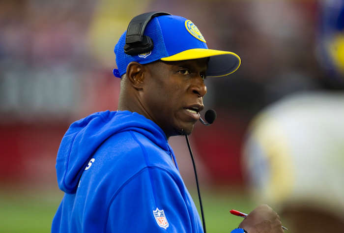 Nov 26, 2023; Glendale, Arizona, USA; Los Angeles Rams defensive coordinator Raheem Morris against the Arizona Cardinals at State Farm Stadium.